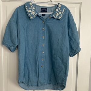Solutions Vintage BOHO Blue Denim Shirt with‎ Embroidered Collar
